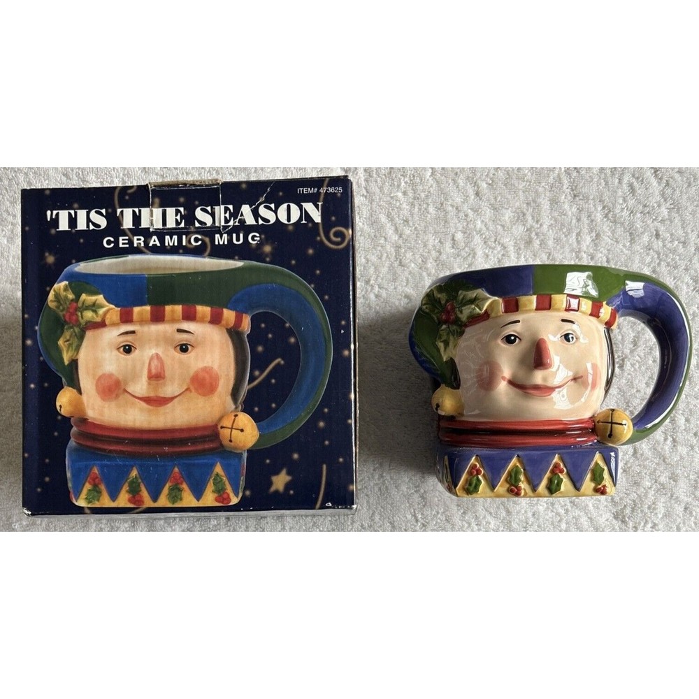 Susan Winget TIS THE SEASON 20 oz. Ceramic Mug Christmas Jester Hand Painted NIB